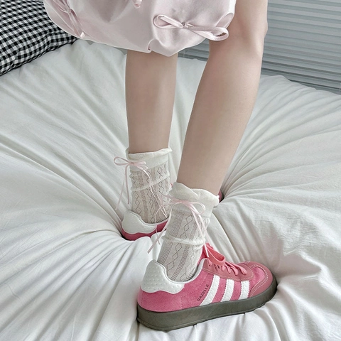 Calze Al Polpaccio Dolci Da Donna Misto Cotone Traspirante Maglia A Rombi Fiocco In Nastro Bordo A Volant Stile Giapponese