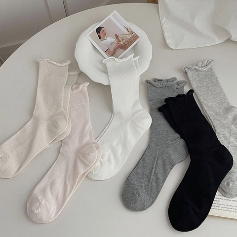 Calcetines Media Pantorrilla Mujeres Algodón Nervado Borde De Volantes Color Sólido Transpirable Suave Estilo Coreano