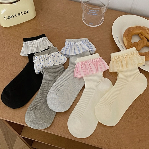 Calze Metà Polpaccio Donna Misto Cotone Bordo Volant Pois Righe Stile Lolita Giapponese Traspirante Morbido