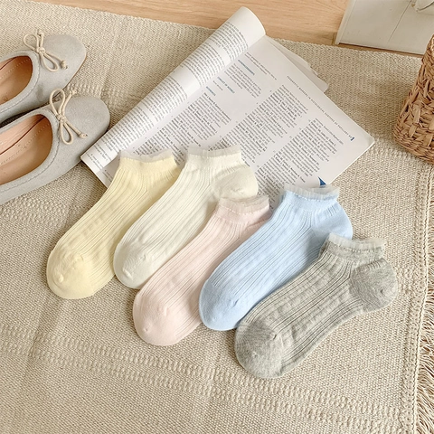 Calcetines Cortos Mujer Mezcla Algodón Borde Encaje Volantes Transpirable Malla Acanalado Estilo Dulce Color Sólido