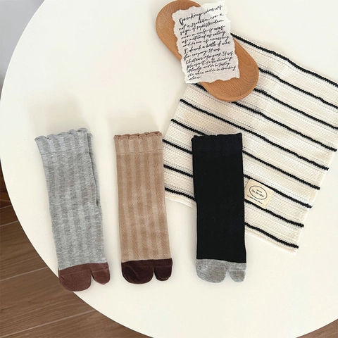 Calcetines Tabi De Algodón Acanalado Estilo Japonés Mujer Bloques Color Dos Dedos Media Pierna Con Borde De Volantes