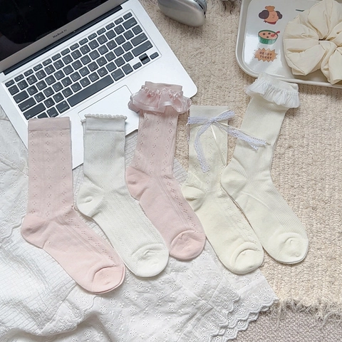 Women Cotton Lace Crew Socks Sweet Ruffle Bow Knot Hollow Out Breathable JK Lolita Style Mid Calf Socks