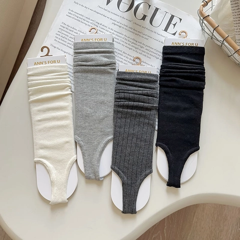 Women Stirrup Leg Warmers Cotton Ribbed Knit Slouch Socks Solid Color Japanese Style Slimming Hosiery