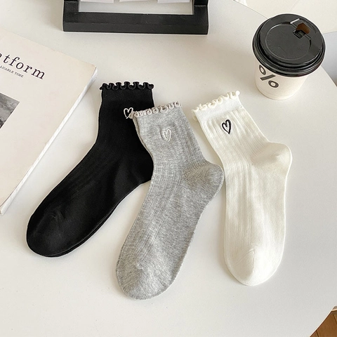 Damen Socken Mit Herzstickerei Baumwollmischung Rüschensaum Gerippt Atmungsaktiv Süßer Japanischer Stil