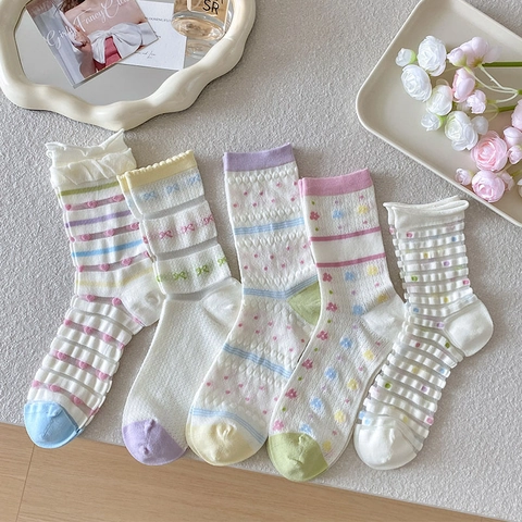 Süße Damen Mittelhohe Socken Atmungsaktiv Dünne Nylon Mesh Rollsaum Schleife Blumen Punkt Japanischer Stil