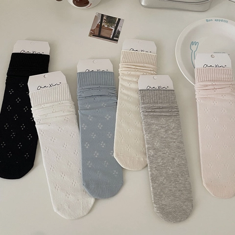 Calcetines Media Pantorrilla Mujer Algodón Malla Calada Transpirable Estilo Japonés Dulce Retro Color Sólido Fino