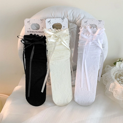 Lolita Spitze Socken Mit Schleife Wadenhoch Süß Coquette Stil Atmungsaktiv Aus Nylon Für Damen