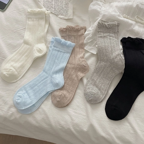 Women Crew Socks Cotton Mesh Ruffle Trim Diamond Pattern Breathable Japanese JK Style Sweet Hollow Out Socks