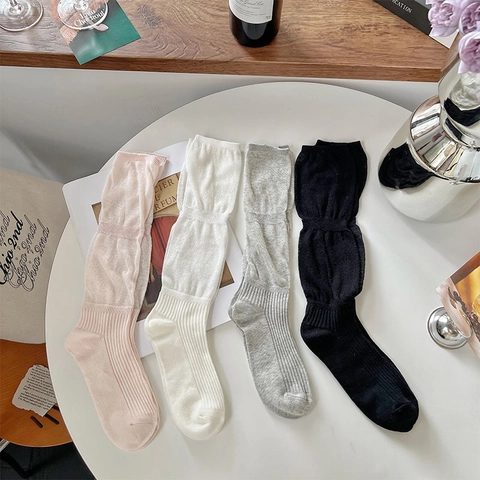 Women Cotton Slouch Socks Thin Ribbed Mid Calf Breathable Solid Color Korean Ballet Style Preppy For Daily Wear