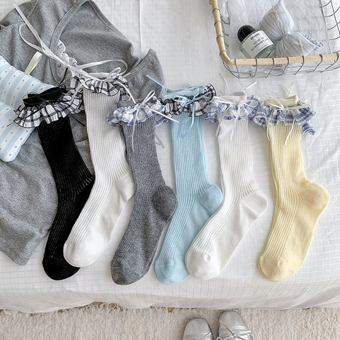 Damen Mittelwaden Socken Baumwolle Rippenstrick Karo Rüschenbesatz Schleife Süße Ballettcore Japanischer Lolita Stil