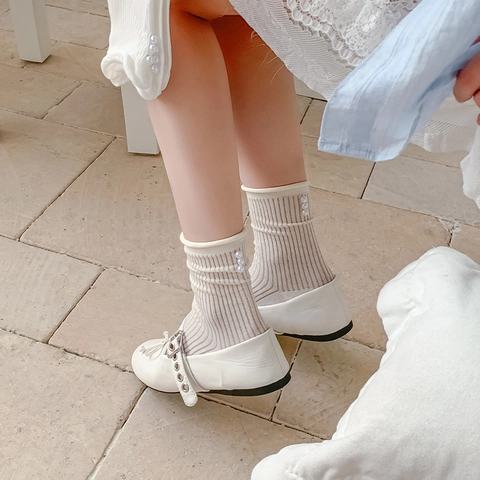 Calze Al Polpaccio Donna Cotone Costine Traspiranti Stile Balletto Decorazione Künstliche Perle Stile Giapponese JK