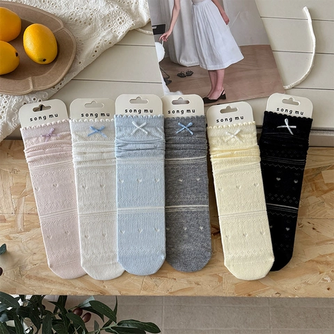 Damen Baumwolle Crew Socken Herz Ausschnitt Schleife Rüschen Atmungsaktiv Balletcore Süßer Stil Elastisch