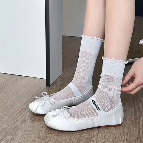 Calcetines Media Pantorrilla Mujer Mezcla Algodón Borde Volante Transpirable Fino Color Sólido Estilo Japonés Minimalista