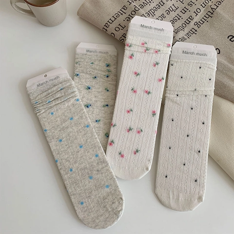 Damen Crew Socken Baumwolle Mesh Atmungsaktiv Blumen Punkt Spitze Retro Süß Japanisch JK Stil