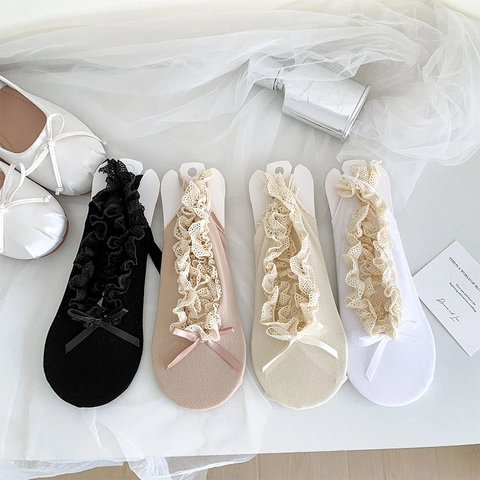 Women Balletcore Boat Socks Lace Ruffle Bow Ankle Straps Thin Breathable Sweet Low Cut Lolita Style Socks
