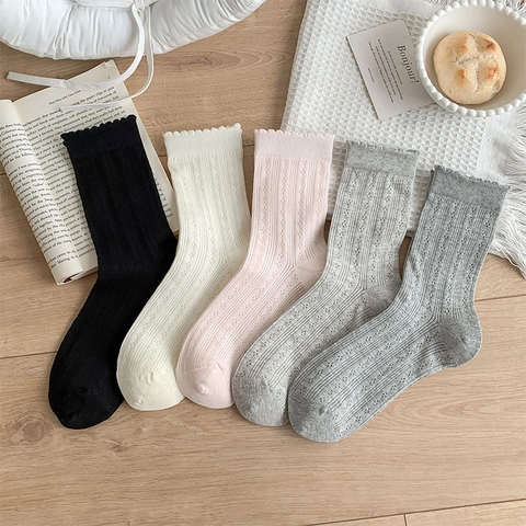 Women Mid Calf Socks Cotton Pointelle Hollow Out Breathable Mesh Lettuce Edge Japanese Sweet Style Fashion