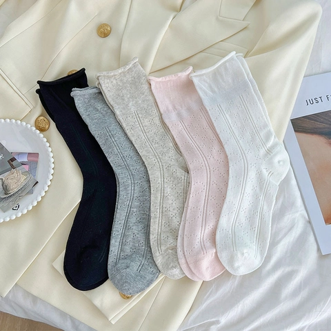 Women Crew Socks Cotton Blend Hollow Out Pointelle Heart Pattern Breathable Japanese Style Lettuce Edge Rolled Cuffs