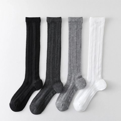 Chaussettes Hautes Mollet Femme Nylon Maille Ajourée Respirant Rayures Verticales Style JK Japonais Rétro Lolita