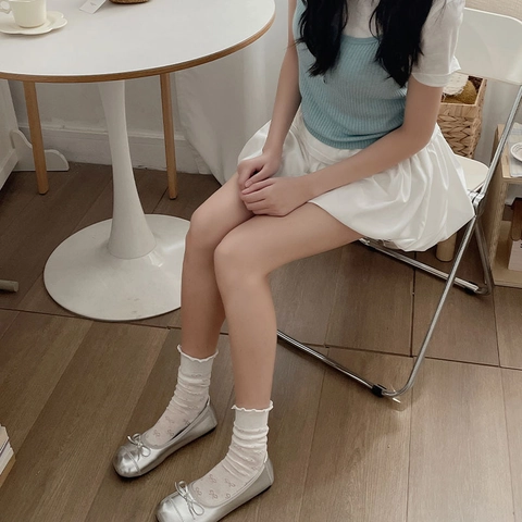Women Cotton Blend Mid Calf Socks Lettuce Edge Bow Jacquard Breathable Hollow Mesh Japanese Style Sweet Slouch Socks