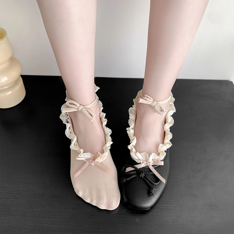 Women Balletcore Boat Socks Lace Ruffle Bow Ankle Straps Thin Breathable Sweet Low Cut Lolita Style Socks