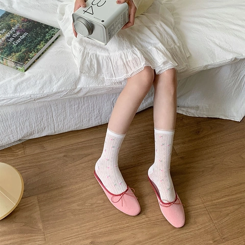 Damen Crew Socken Baumwolle Mesh Atmungsaktiv Blumen Punkt Spitze Retro Süß Japanisch JK Stil