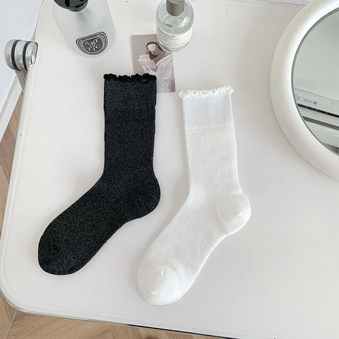 Calcetines Media Pantorrilla Mujer Mezcla Algodón Borde Volante Transpirable Fino Color Sólido Estilo Japonés Minimalista