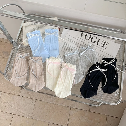 Damen Süße Balletcore Crew Socken Baumwollmischung Schleifenband Volantbündchen Mesh Hohlmuster Rauten Jacquard Preppy Style