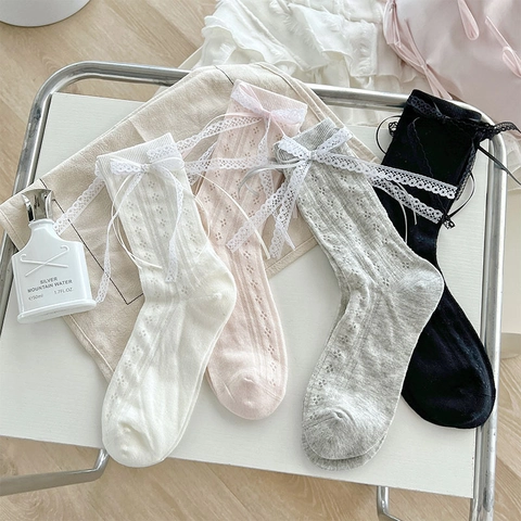 Chaussettes Pour Femmes Avec Dentelle Et Nœud Maille Ajourée Respirant Mélange De Coton Style Lolita Doux Mi Hautes
