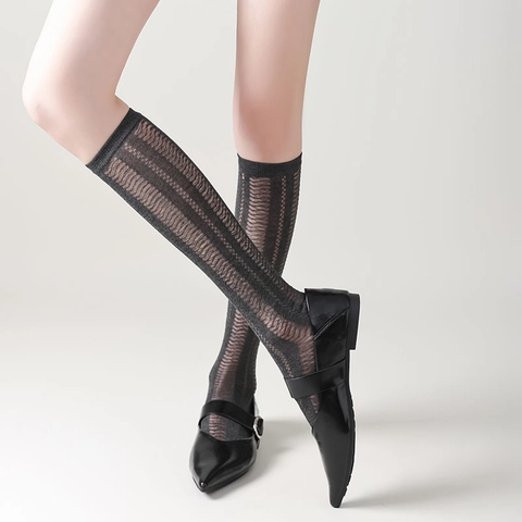 Chaussettes Hautes Mollet Femme Nylon Maille Ajourée Respirant Rayures Verticales Style JK Japonais Rétro Lolita