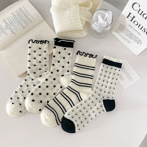 Chaussettes Femme Coton Respirant Mesh Volants Style Japonais JK Motif Cœur À Pois Rayé
