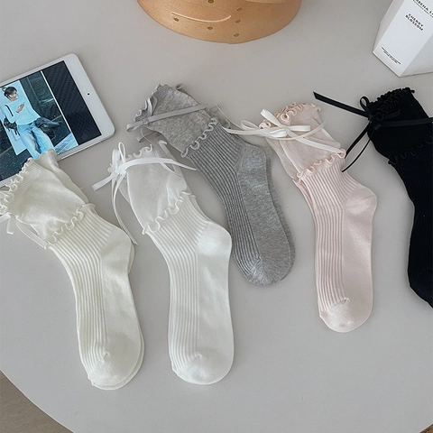 Calcetines De Mezcla De Algodón Para Mujer Con Lazo Borde De Volantes De Doble Capa Estilo Lolita Dulce