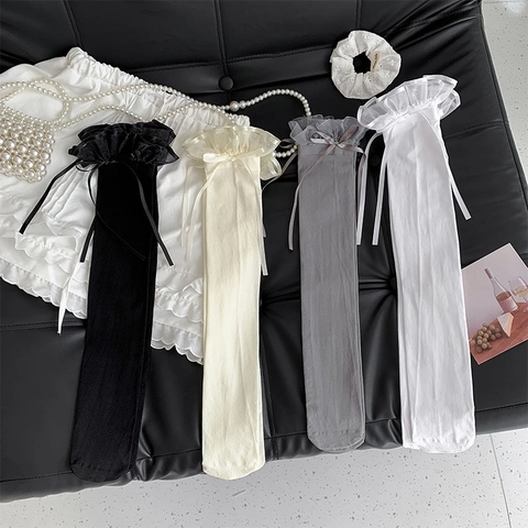 Overknee Strümpfe Nylon Spitze Rüschen Schleife Japanischer JK Lolita Stil Dünn Atmungsaktiv Hohe Socken Damen
