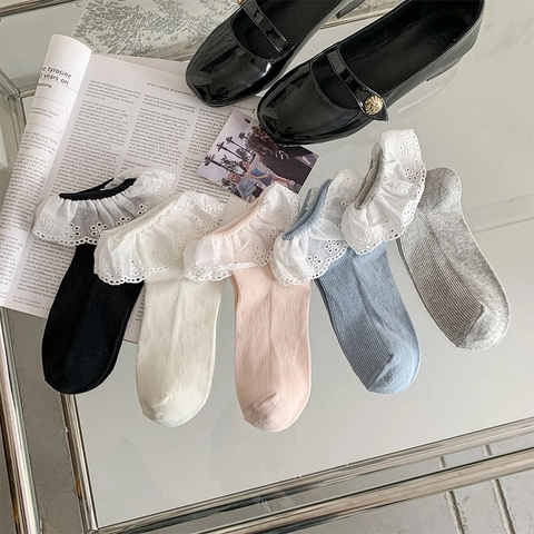 Women Lace Trim Crew Socks Cotton Breathable Floral Embroidery Lolita Japanese Style Sweet Ribbed Solid Color Socks