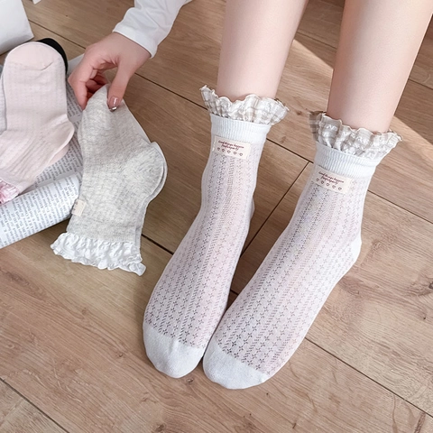 Calze Al Polpaccio Da Donna Misto Cotone Bordo A Volant A Quadri Pizzo Traspirante Stile Dolce Giapponese Toppa In Tessuto
