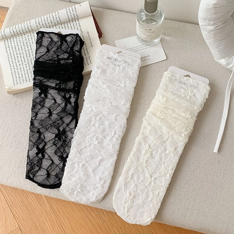 Damen Socken Wadenhoch Spitze Ausgehöhlt Blumenmuster Mesh Atmungsaktiv Ballett Stil Slouch Socken Nylon Süß Elegant