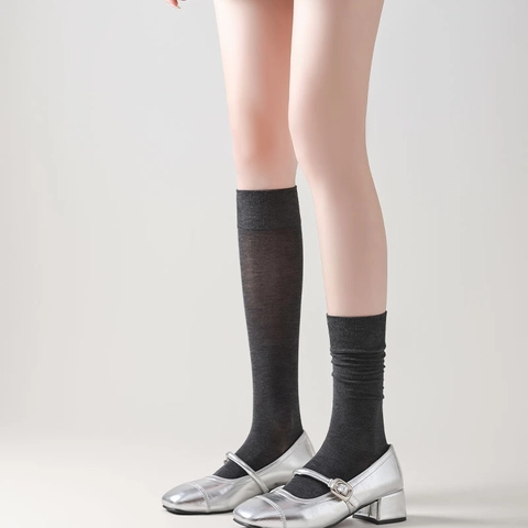 Women Slouch Socks Cotton Blend Breathable Knee High JK Japanese Style Solid Color Ribbed Elastic