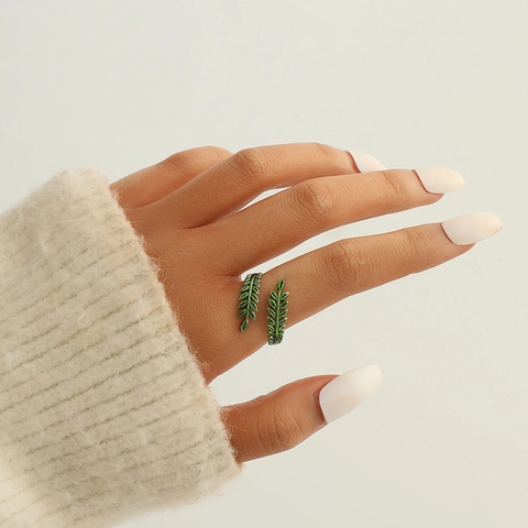 Edelstahl Blatt Verstellbar Offen Ring Für Frauen Grün Emaille Weizenähre Pastoral Stil Nischen Design Schmuck