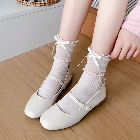 Women Mid Calf Socks Cotton Ribbon Bow Ruffle Trim Sweet Japanese Style Ribbed Breathable