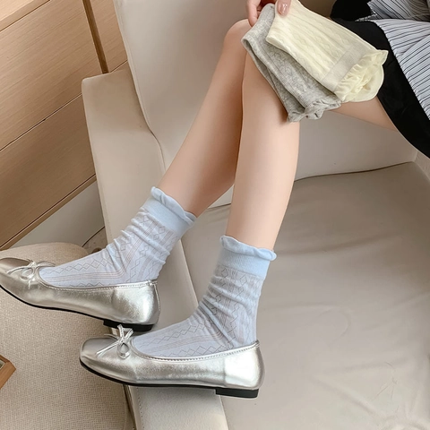 Damen Wadensocken Baumwolle Atmungsaktiv Hohles Netz Rautenmuster Süßer Ballettstil Rüschen Wood Ear Edge