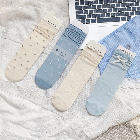 Women Cotton Blend Crew Socks Hollow Out Floral Pattern Bowknot Decor Frilled Cuffs Japanese JK Style Fresh Cute Socks