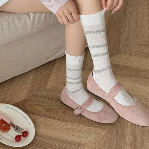 Calze Al Polpaccio In Maglia Di Cotone Da Donna Bordo In Pizzo Con Volant Motivo A Righe Ondulate Stile Preppy Dolce