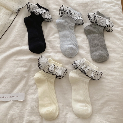 Women Cotton Socks Polka Dot Double Layer Lace Ruffle Trim Sweet Lolita Style Japanese JK Ankle Fashion Hosiery
