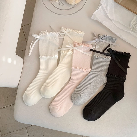 Women Mid Calf Socks Cotton Ribbon Bow Ruffle Trim Sweet Japanese Style Ribbed Breathable
