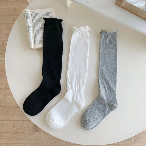 Calcetines Slouch Mujer Mezcla Algodón Borde Volante Estilo Japonés Color Sólido Transpirable Media Pierna