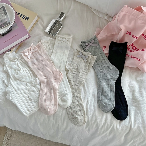 Women Cotton Mid Calf Socks With Ribbon Bow Hollow Out Pointelle Pattern Sweet Japanese Style Breathable