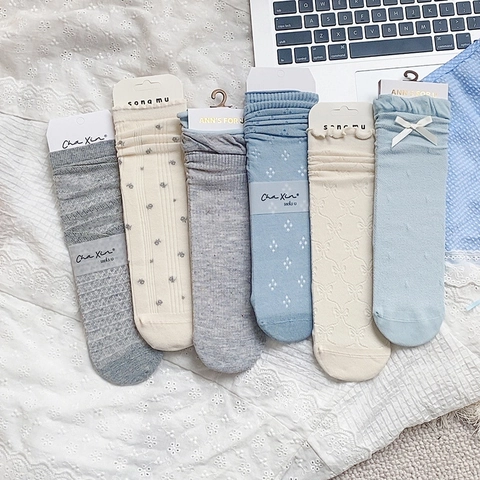 Women Cotton Blend Crew Socks Hollow Out Floral Pattern Bowknot Decor Frilled Cuffs Japanese JK Style Fresh Cute Socks