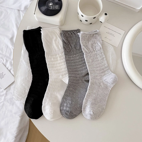 Slouch Crew Socks Women Cotton Blend Breathable Ribbed Knit Korean Style Minimalist Solid Color Casual Elegant Soft