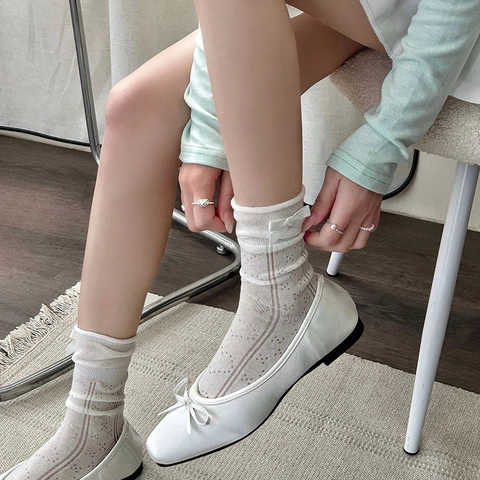 Women Cotton Mid Calf Socks With Ribbon Bow Hollow Out Pointelle Pattern Sweet Japanese Style Breathable