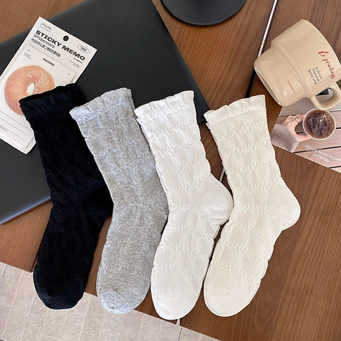 Women Mid Calf Socks Cotton Blend Ruffled Edge Textured Bubble Pattern Japanese Sweet College Style Solid Color