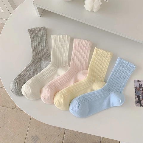 Women Crew Socks Cotton Blend Breathable Ribbed Vertical Stripe Solid Color Korean Style Lettuce Edge Ruffle Sweet
